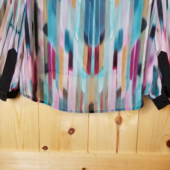 Bisou Bisou Multi Color Stripe Faux Wrap Cinched Front Long Sleeve Sheer Top - Picture 8 of 14